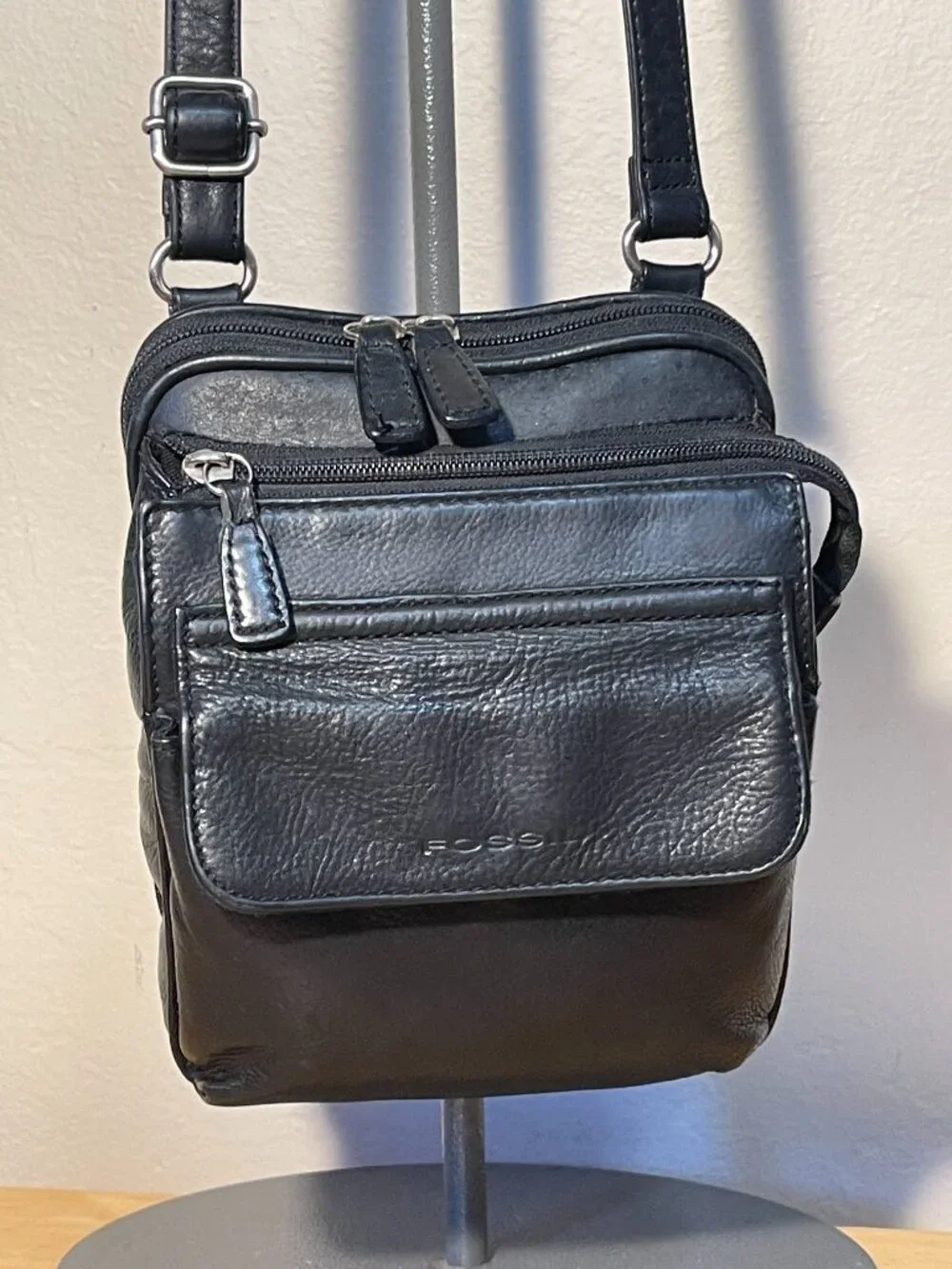 Vintage Fossil Black Leather Crossbody Bag Organizer Wallet Purse Y2K